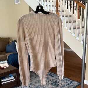 Beige Ribbed Knit Sweater Bodysuit For Women